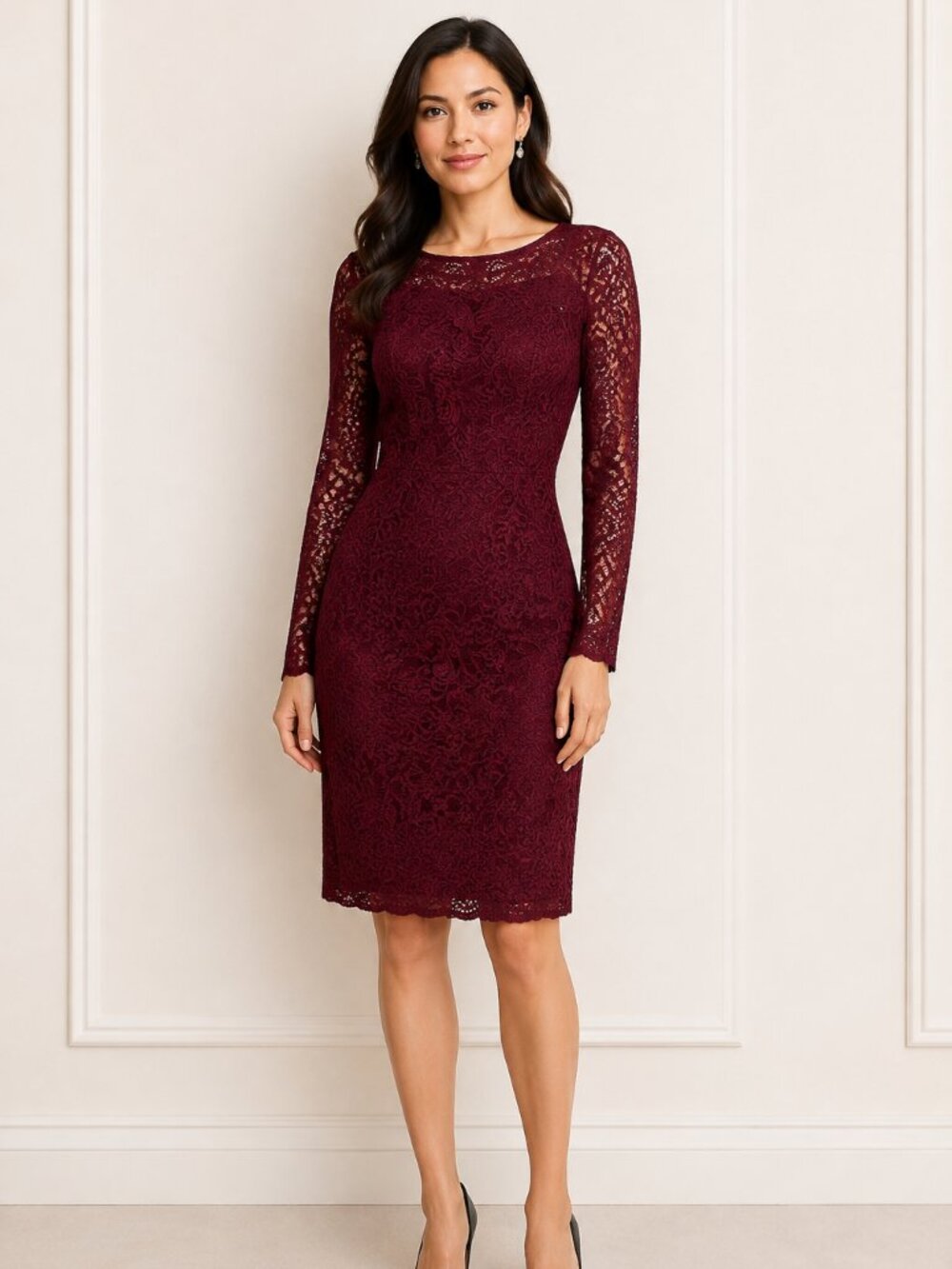 Chaps Ralph Lauren Burgundy Lace Sheath Dress - Petite Size 4 **New with tags